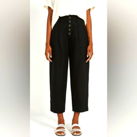 Frank &  Oak High Waisted Linen Tencel Blend Crop Pant Black Sz 0 - Picture 1 of 13